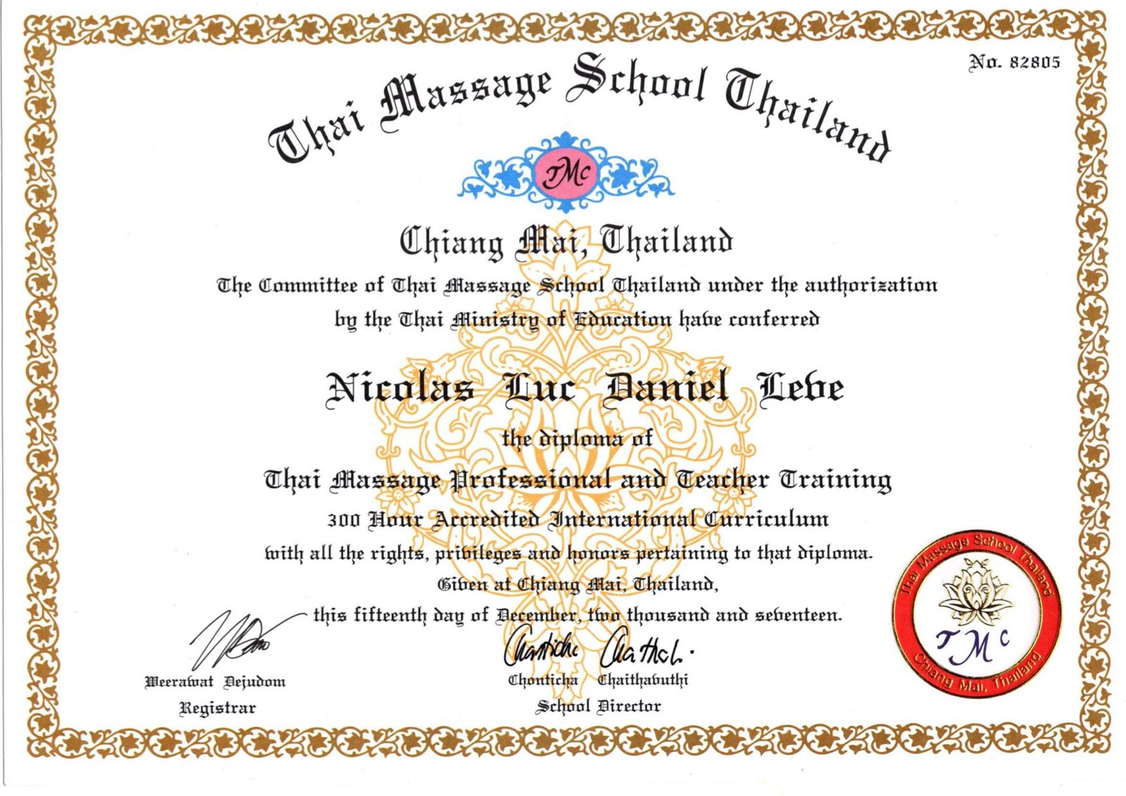 Diplôme de massage thaï praticien et enseignant, Thai Massage School of Thailand, Chiang Mai, 2017
