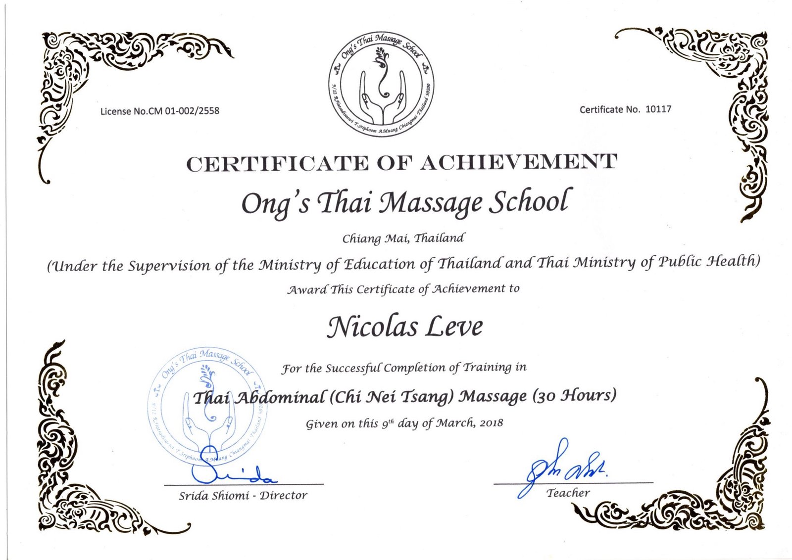 Certificat de Chi Nei Tsang, massage abdominal thaï, Ong's Thai Massage School, Chiang Mai, 2018