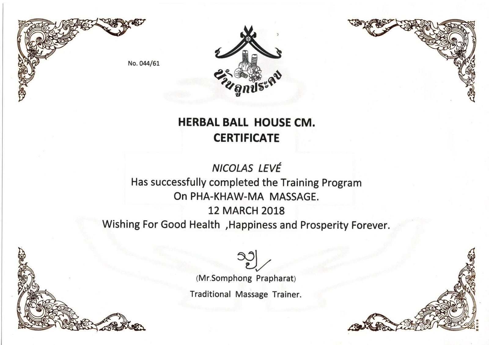 Certificat de massage aux pochons d'herbes Pha Khaw Ma, Herbal Ball House, Chiang Mai, 2018