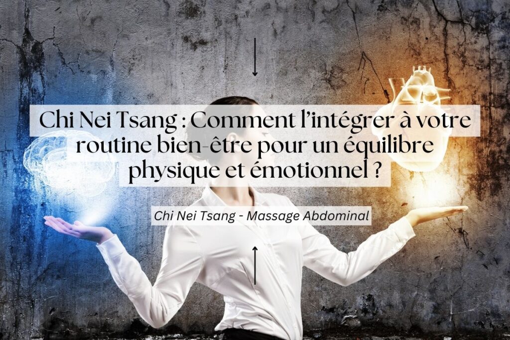 Femme en chemise blanche avec une représentation du cerveau et du cœur illuminés, illustrant l’équilibre émotionnel du massage Chi Nei Tsang.