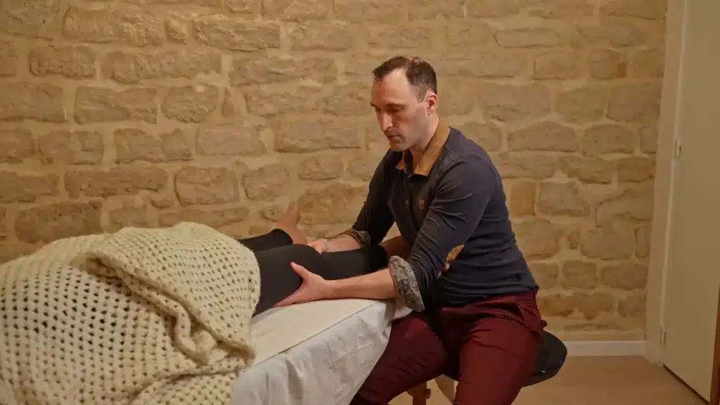 Massage décontractant deep tissue de la jambe par Nicolas Luc Levé, dans son cabinet à Paris
